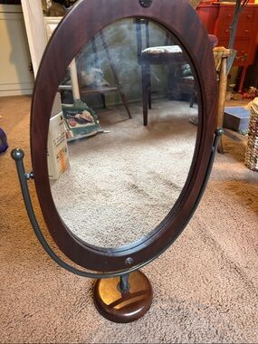 Vintage Mahogany Wood Finish Oval pedestal Vanity Mirror
